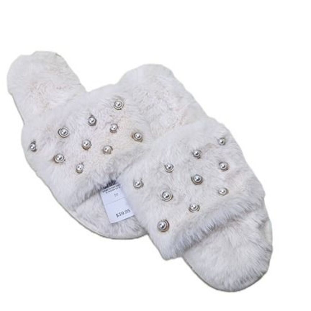 LOFT Slide Slippers Pearlized Faux Fur Womens Size M 7-8 NWT Pearl Studded Ivory